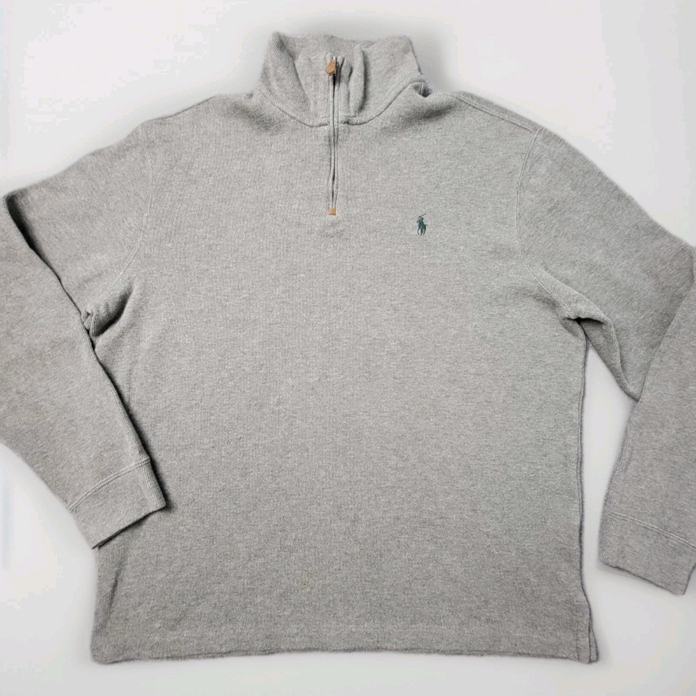 Polo by Ralph Lauren Sweater Men's XL Gray Knitted Pony Logo Side‎ Slit 1/4 Zip